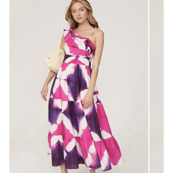Busayo Collective Tie Dye One Shoulder Maxi Dress L  Tiered Ruffled Party Summer - Picture 1 of 12